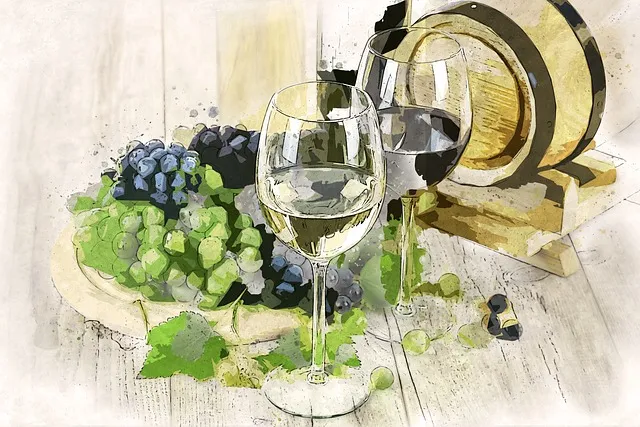 schilderij van een glas wijnmet druiven en een fles.