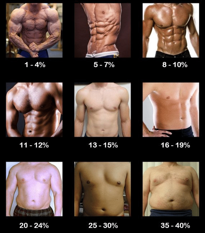 vetpercentage man - 9 foto's van verschillende vetpercentages. deze worden verder in dit artikel uitgelegd.
